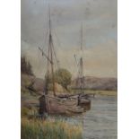 J M SOUTHERN, FRAMED WATERCOLOUR DEPICTING SAILING BOATS ON A RIVERBANK,