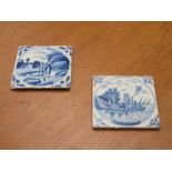 TWO UNFRAMED BLUE AND WHITE DELFT CERAMIC TILES,