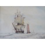 PAIR OF FRAMED WATERCOLOUR AND INK DRAWINGS DEPICTING SAILING BOATS AT SEA,