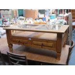 PINE GLASS TOPPED COFFEE TABLE WITH TWO DRAWERS