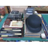 BOXED AND UNBOXED FLATWARE, CAMERAS, DESK STAND, VOLUMES AND BOWLER HAT, ETC.