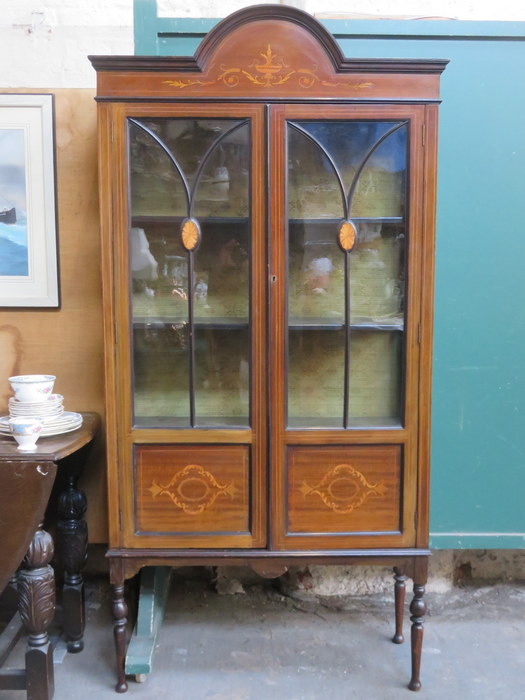 EDWARDIAN MAHOGANY INLAID TWO DOOR GLAZED DISPLAY CABINET