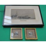 THREE FRAMED BLACK AND WHITE PRINTS INCLUDING ST NICK'S CHURCH LIVERPOOL AND TWO SMALL EMBROIDERIES