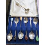 SET OF SIX SILVER AND ENAMELLED TEASPOONS AND ONE OTHER SPOON