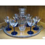 1950s STYLE BLUE STEMMED GLASS COCKTAILS SET AND OVAL TREEN TRAY