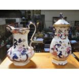 LARGE MASONS IRONSTONE STORAGE JAR WITH COVER AND LARGE JUG