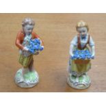 PAIR OF DRESDEN HANDPAINTED AND GILDED CERAMIC FIGURES DEPICTING LADY AND GENT WITH BASKET OF