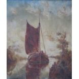W J J C BOND, FRAMED OIL ON CANVAS DEPICTING A BOAT WITHIN A RIVER SCENE, APPROXIMATELY 60cm x 49.