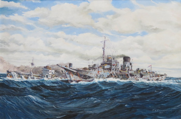 J A DRINKWATER, FRAMED OIL ON CANVAS DEPICTING BATTLESHIPS,