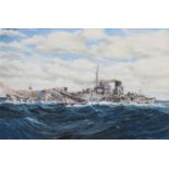 J A DRINKWATER, FRAMED OIL ON CANVAS DEPICTING BATTLESHIPS,