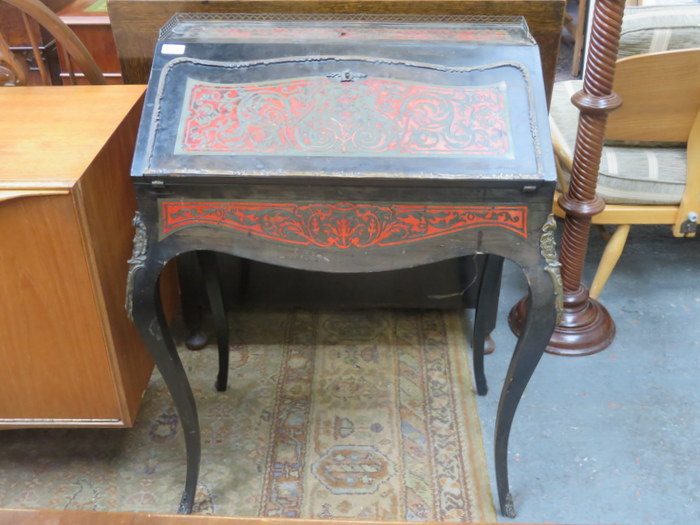 EBONISED FRENCH STYLE BOULLE WORK LADIES WRITING BUREAU WITH ORMOLU MOUNTS AND GALLERY