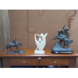 ART DECO STYLE FIGURE AND TWO BRONZE EFFECT HORSE AND RIDER FIGURES