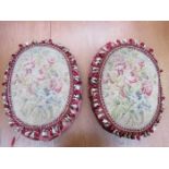 PAIR OF FRENCH STYLE OVAL CUSHIONS DECORATED WITH FLORAL TAPESTRY AND CRUSHED VELVET