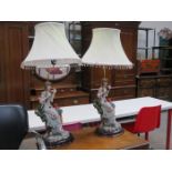 PAIR OF DECORATIVE RESIN FIGURE FORM TABLE LAMPS AND SHADES (AT FAULT)