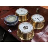 TWO BRASS CASED SHIP'S BAROMETERS AND SIMILAR SHIP'S CLOCK AND ALSO SHIP'S COMPASS
