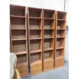 FOUR SETS OF MODERN TALL NARROW PINE SHELVES WITH SINGLES FILING DRAWERS