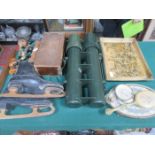 MIXED LOT INCLUDING VINTAGE ICE SKATES, HAIRDRYER, BINOCULAR'S CASE, PIPES,