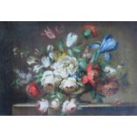 19th CENTURY ENGLISH SCHOOL UNSIGNED STILL LIFE OIL ON CANVAS DEPICTING AN URN OF FLOWERS,