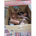 QUANTITY OF VARIOUS COPPER AND BRASSWARE, FRAMED MINIATURE PLUS SMALL CLOGS, ETC.