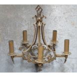 ARTS & CRAFTS GILT METAL FIVE SCONCE LIGHT FITTING