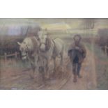 OAK FRAMED POLYCHROME PRINT- THE PLOUGHMAN HOMEWARD PLODS HIS WEARY WAY,