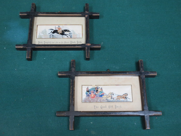 TWO ANTIQUE WINDSOR FRAMES CONTAINING STEVENGRAPHS- THE GOOD OLD DAYS AND DICK TURPIN'S LAST RIDE