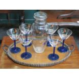 1950s STYLE BLUE STEMMED GLASS COCKTAILS SET AND OVAL TREEN TRAY