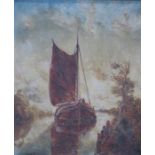 W J J C BOND, FRAMED OIL ON CANVAS DEPICTING A BOAT WITHIN A RIVER SCENE, APPROXIMATELY 60cm x 49.