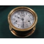 ANTIQUE BRASS CIRCULAR SHIPS CLOCK WITH SILVER COLOURED DIAL BY SETH THOMAS