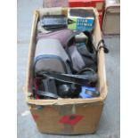 BOX CONTAINING VINTAGE SLIDE PROJECTOR AND VARIOUS CAMERAS AND ACCESSORIES