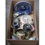 MIXED LOT OF CERAMICS INCLUDING BLUE AND WHITE PLATES, DOULTON BOWL, HARRISON LINE CUP AND SAUCER,