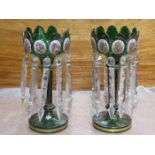 PAIR OF GOOD QUALITY ANTIQUE GREEN GLASS GILDED LUSTRES WITH HANDPAINTED OVAL PANELS DEPICTING