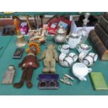 SUNDRY LOT INCLUDING VINTAGE DOLLS AND TEDDIES, WHISTLES, TEA SET, MONEY BOX AND TORCH, ETC.