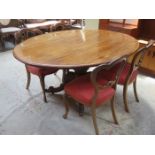 VICTORIAN MAHOGANY TILT TOP BREAKFAST TABLE ON QUADRAFOIL SUPPORT PLUS FOUR CROWN BACK CHAIRS