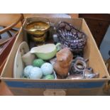 MIXED LOT INCLUDING GLASSWARE, CERAMICS, FLATWARE, PLATEDWARE AND TREEN, ETC.