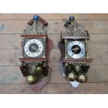 TWO ORMOLU MOUNTED WOODEN CASED WALL CLOCKS WITH BRASS PLUM WEIGHTS