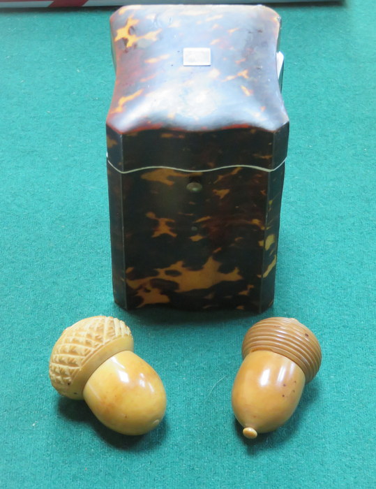 TORTOISE SHELL SEWING BOX (AT FAULT) AND TWO SMALL ACORN SEWING KITS