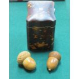 TORTOISE SHELL SEWING BOX (AT FAULT) AND TWO SMALL ACORN SEWING KITS