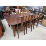 MAHOGANY WIND OUT EXTENDING DINING TABLE WITH TWO LEAVES AND SIX CHAIRS