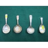 THREE EARLY HALLMARKED SILVER CADDY SPOONS AND ANOTHER HALLMARKED SILVER CADDY SPOON