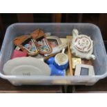 BOX LOT OF SUNDRIES INCLUDING CERAMICS, PLATEDWARE, COSTUME JEWELLERY AND BEADED SLIPPERS, ETC.