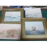 TWO FRAMED WATERCOLOURS AND TWO UNFRAMED WATERCOLOURS,