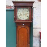 OAK CASED LONGCASE CLOCK WITH HANDPAINTED AND ENAMELLED DIAL