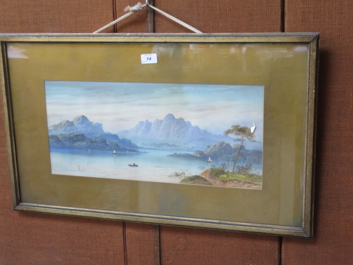 FRAMED WATERCOLOUR DEPICTING A LAKESIDE SCENE,