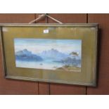 FRAMED WATERCOLOUR DEPICTING A LAKESIDE SCENE,