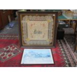 LARGE FRAMED EMBROIDERED SOUVENIR CUSHION COVER AND FRAMED PRINT