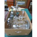 PARCEL OF VARIOUS GLASSWARE, PEWTER WARE, MODERN LAMP AND VERRE TILE, ETC.