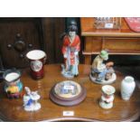 SUNDRY CERAMICS INCLUDING POT LID, JAPANESE FIGURE (AT FAULT) AND CARLTONWARE VASE, ETC.