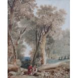 GEORGE BARRET JR, FRAMED WATERCOLOUR- FIGURES IN A WOOD,
