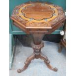OCTAGONAL MOTHER OF PEARL INLAID SEWING BOX ON CARVED TRIPOD SUPPORTS
